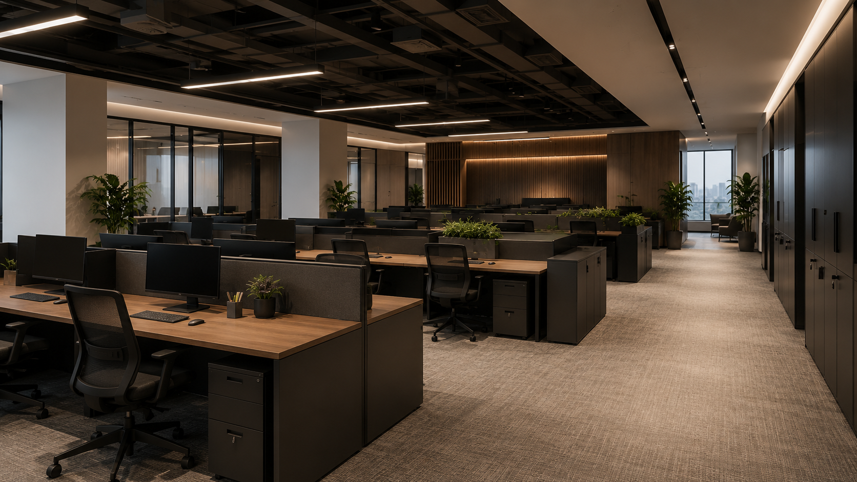 Ergonomic open plan workstations arrangement